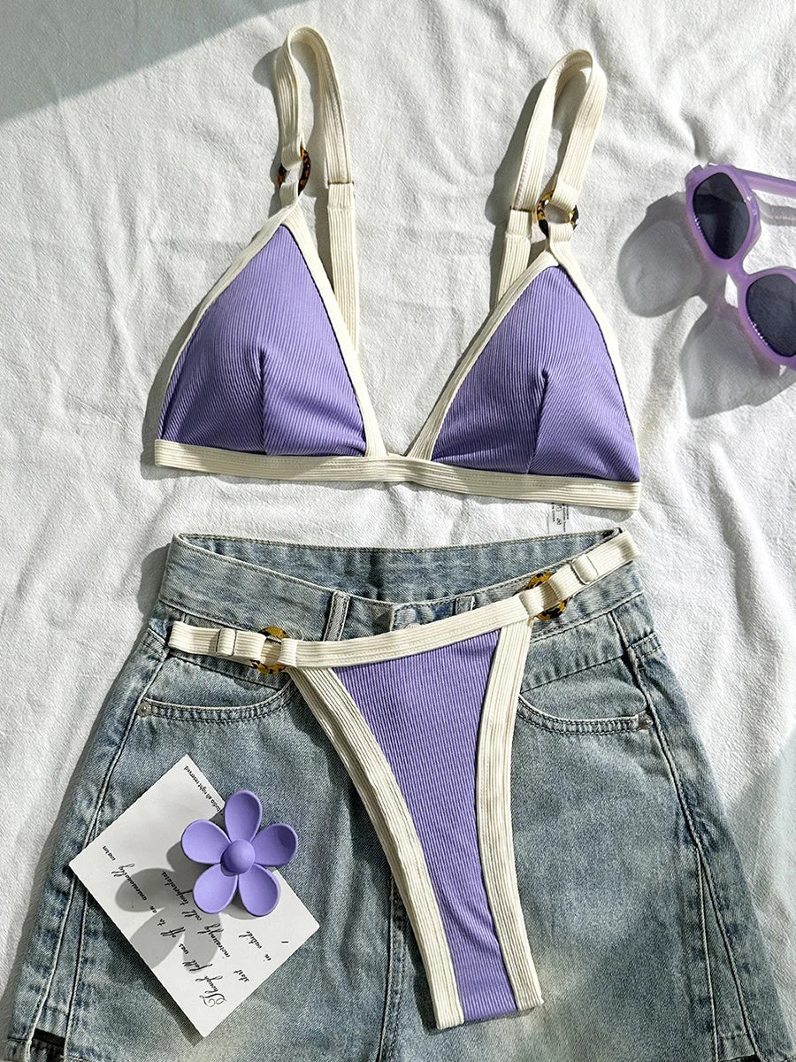 Splicing Ribbed High Cut Ring Mini Micro Bikini