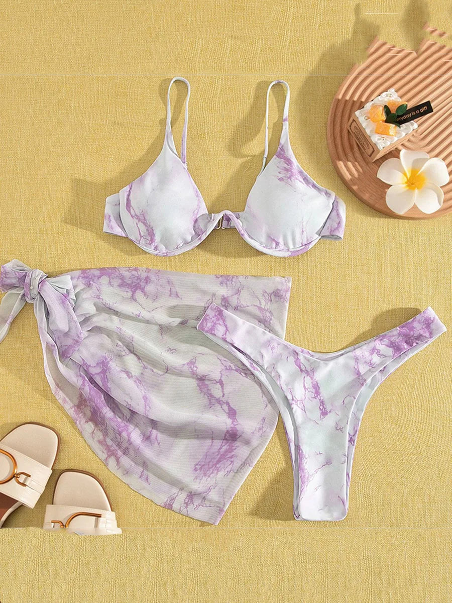 Marble Print V-Bar Underwired Bikini
