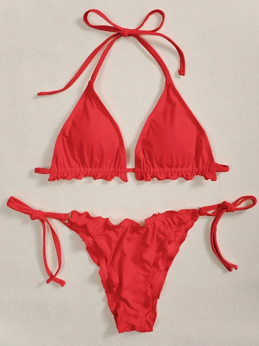 Halter String Ruffled Frilled Bikini