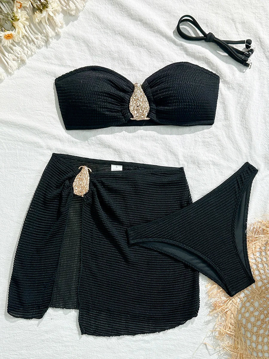 With Skirt Wrinkled Bandeau Bikini