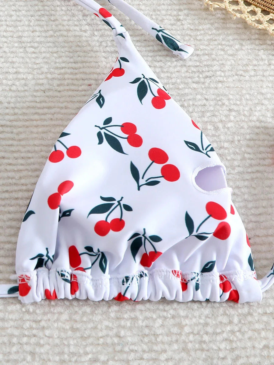 XS - L Cherry Print Halter Strappy Bikini