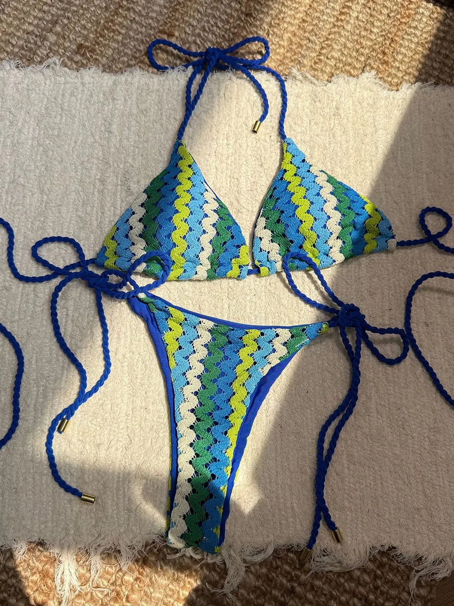 Contrast Mesh Halter Brazilian Bikini