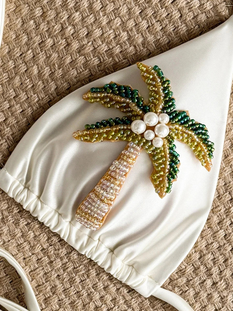 3D Coconut Tree Pearls Halter Mini Micro Bikini
