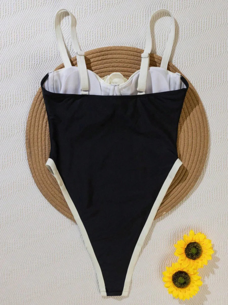 S - XXL 3D Flower Splicing High Leg Cut Women Swimwear One Piece Swimsuit