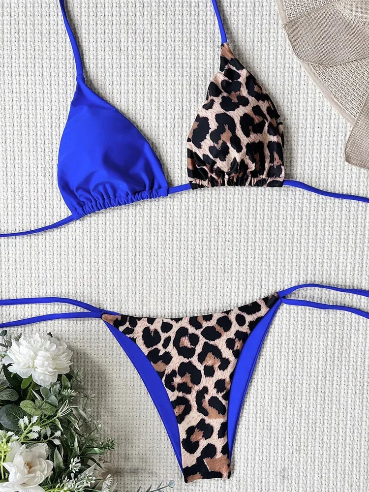 Halter Splicing Leopard Satin Bikini