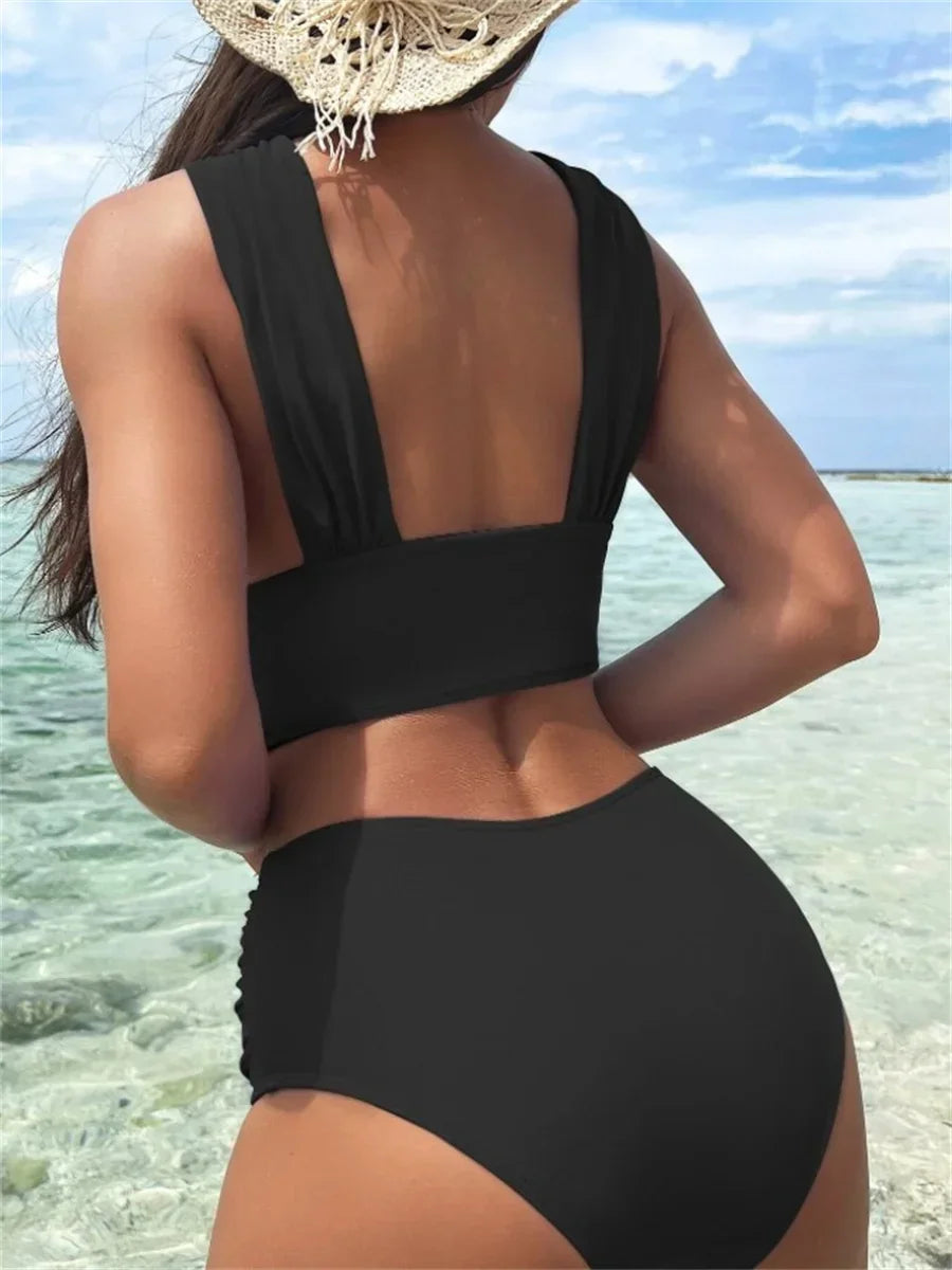 Halter Cross Hollow Out Push Up High Waist Swimsuit