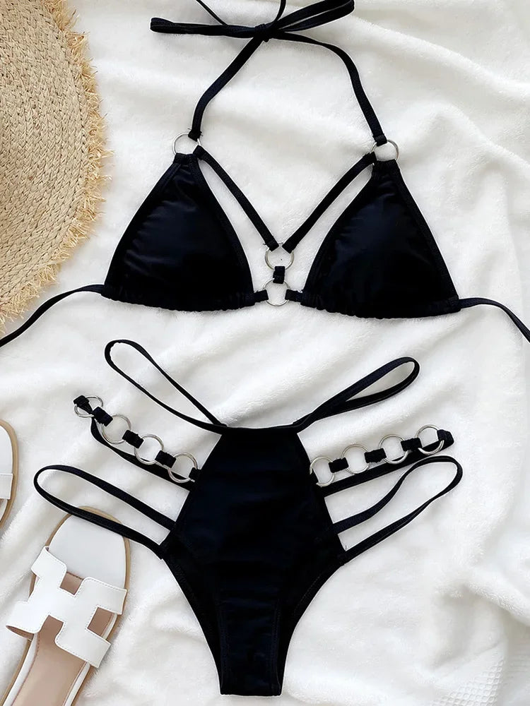 Sexy Halter Strappy Metal Rings Bikini