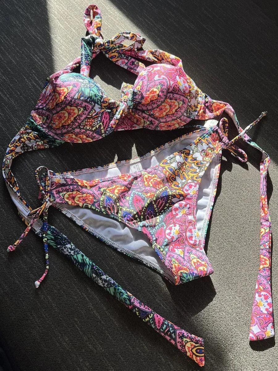 S- XL Printed Underwired Bra Cup Bikini