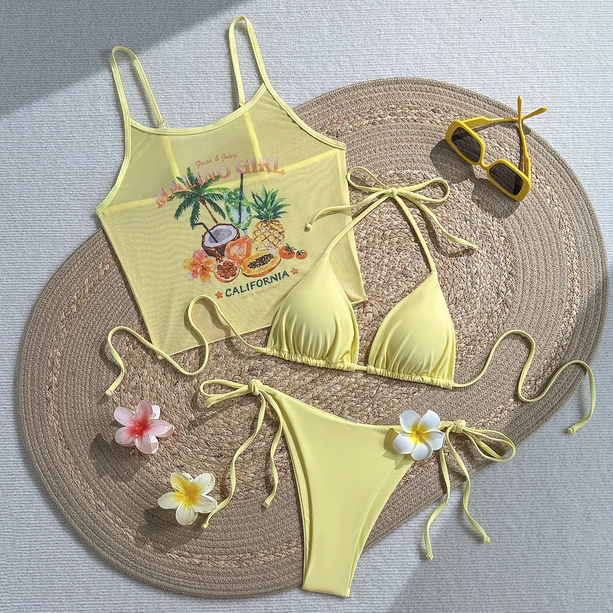 Sexy Yellow Fruit Print Cover Up Bikini Set