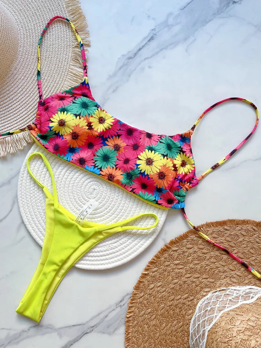 Flower Print Mini Micro Thong High Cut Bikini