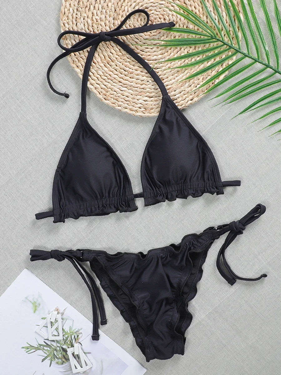 Halter String Ruffled Frilled Bikini