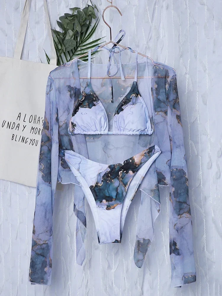 Marble Printed Mesh Long Sleeve Bikini
