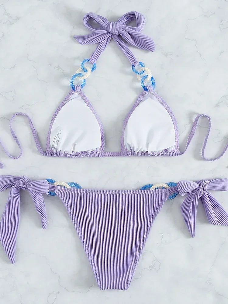 Sexy Halter Rings Ribbed Bikini