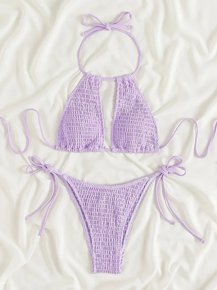 Halter Tie Side Hollow Out Smocked Bikini