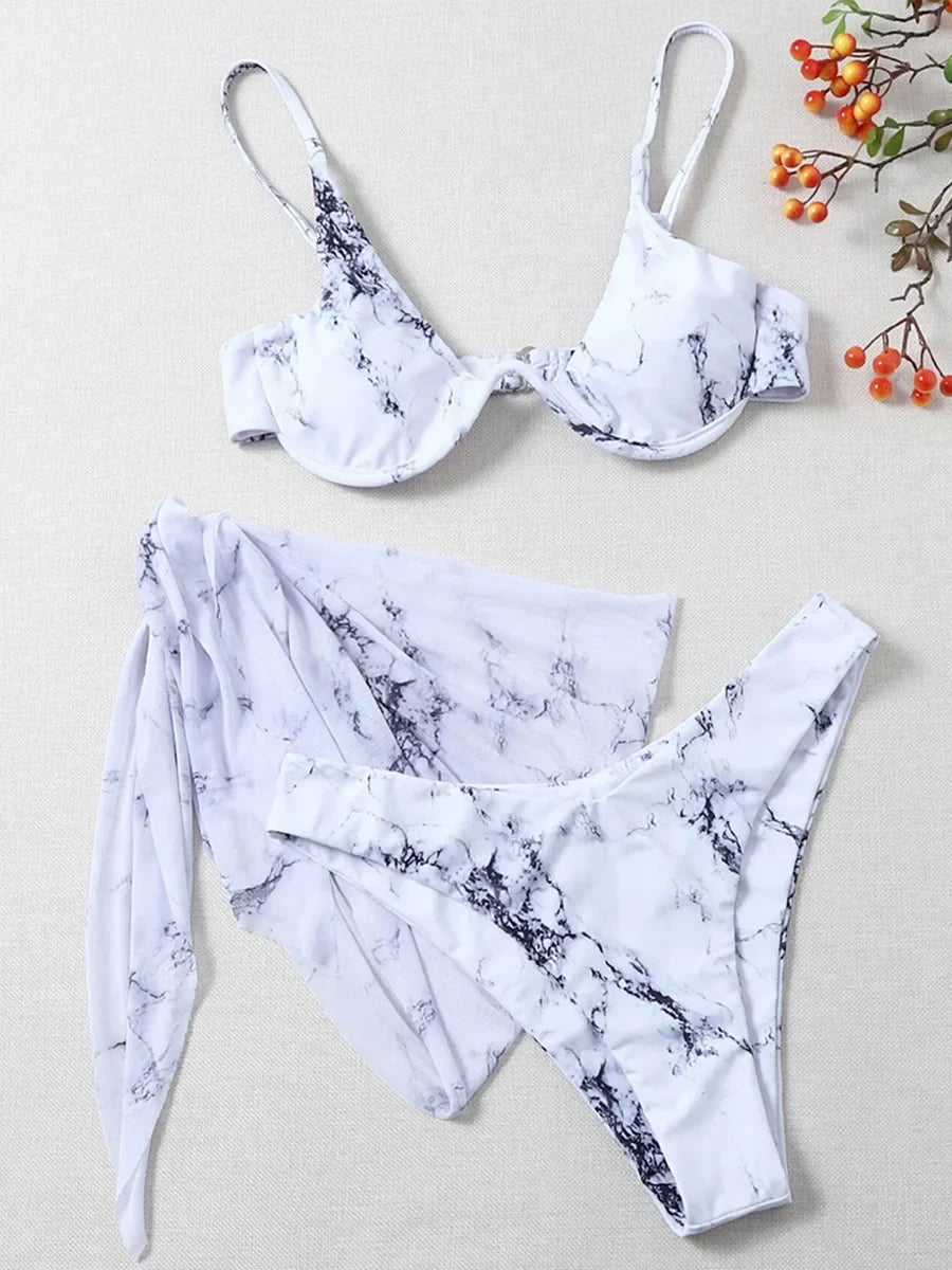 Marble Print V-Bar Underwired Bikini
