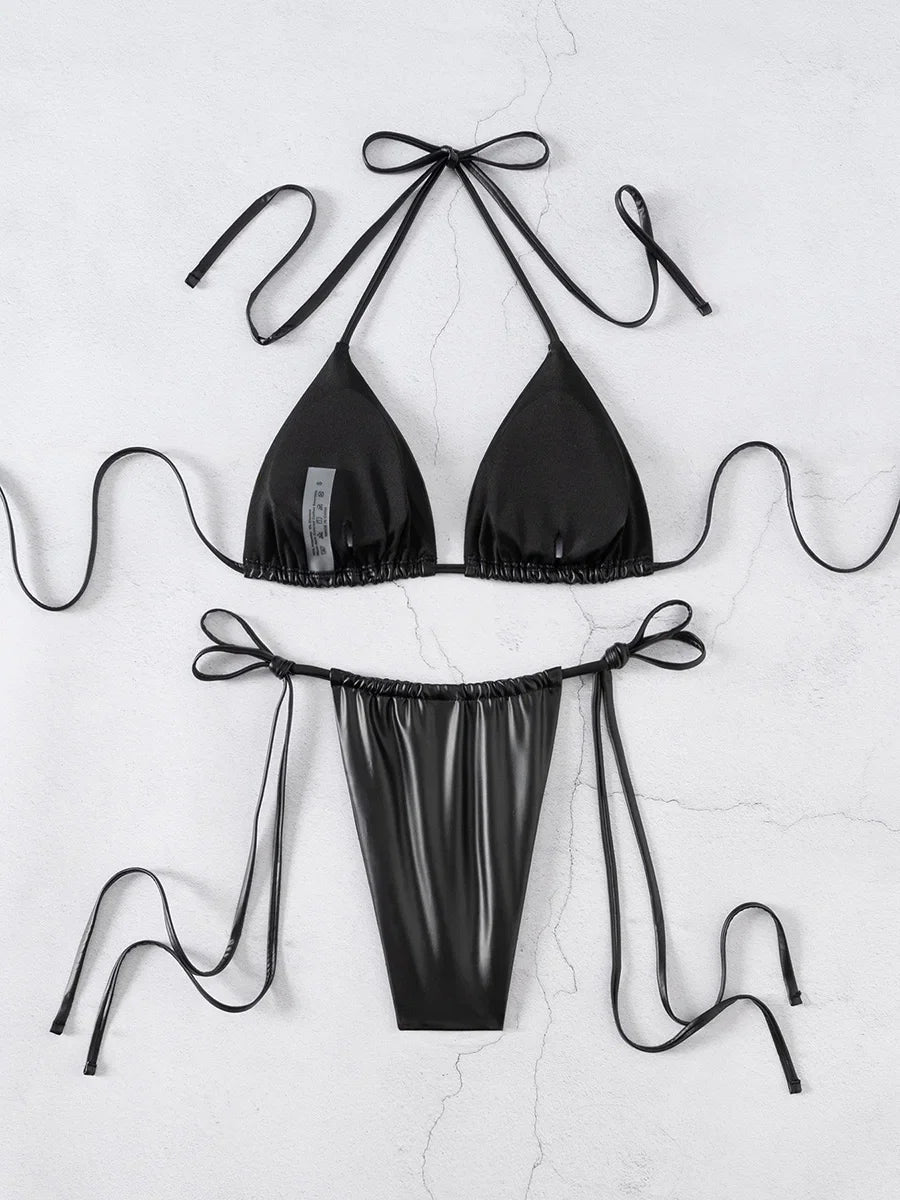 PU Faux Leather Mini Micro Thong Bikini