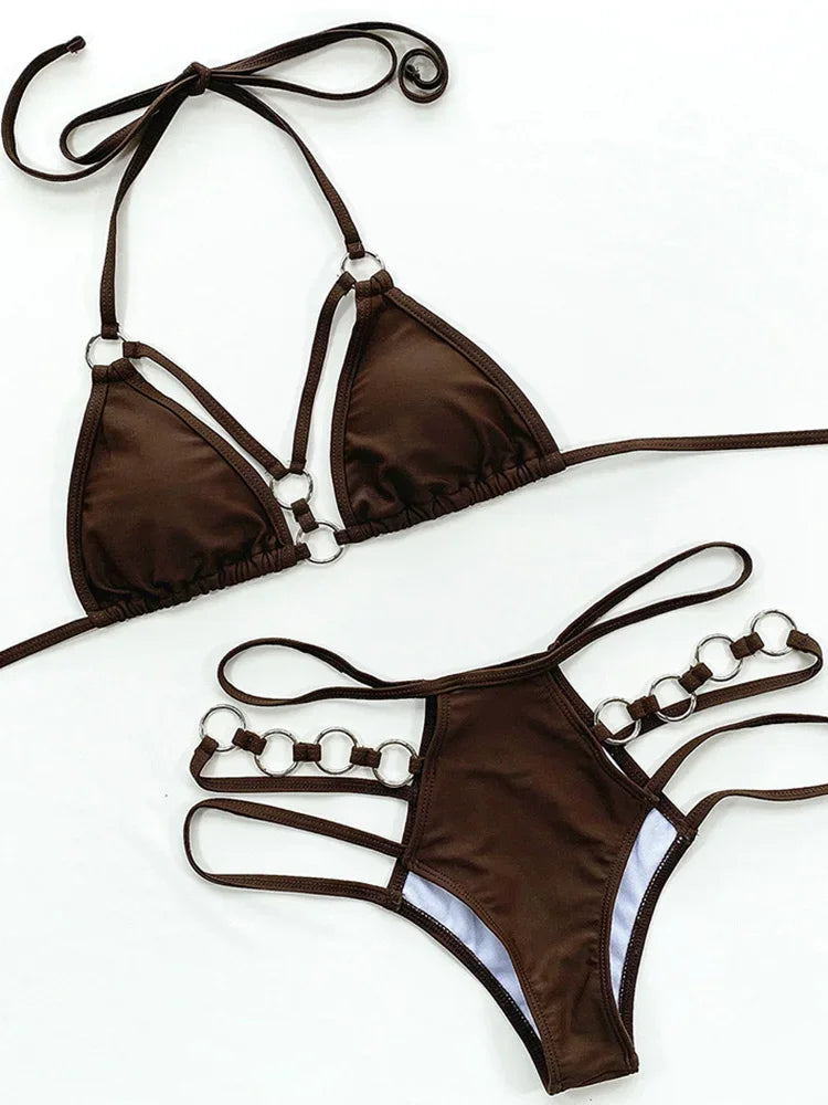 Sexy Halter Strappy Metal Rings Bikini