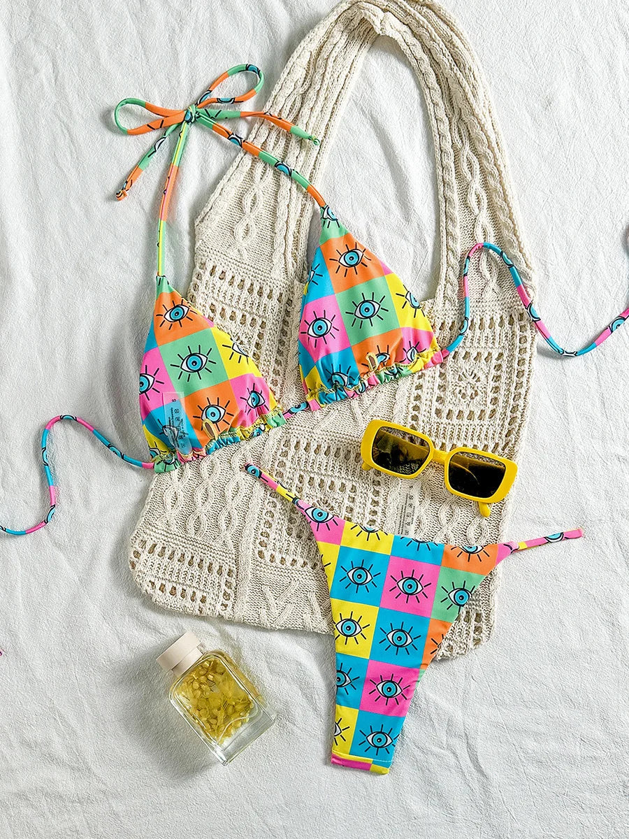 Colorful Printed Halter Bikini