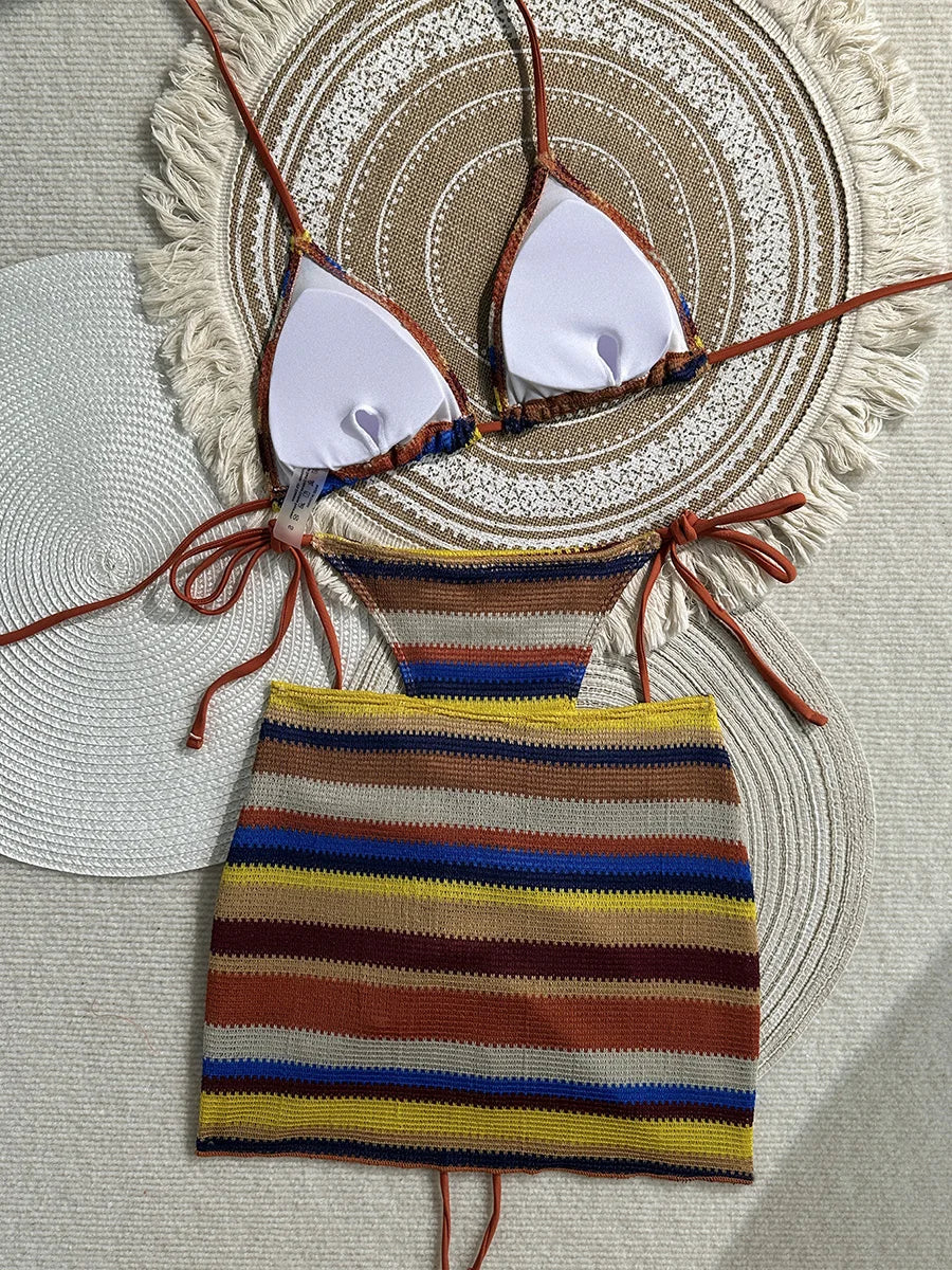 3PCS With Skirt Sarong Knitted Striped Bikini