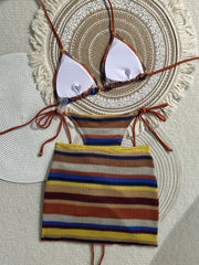 3PCS With Skirt Sarong Knitted Striped Bikini