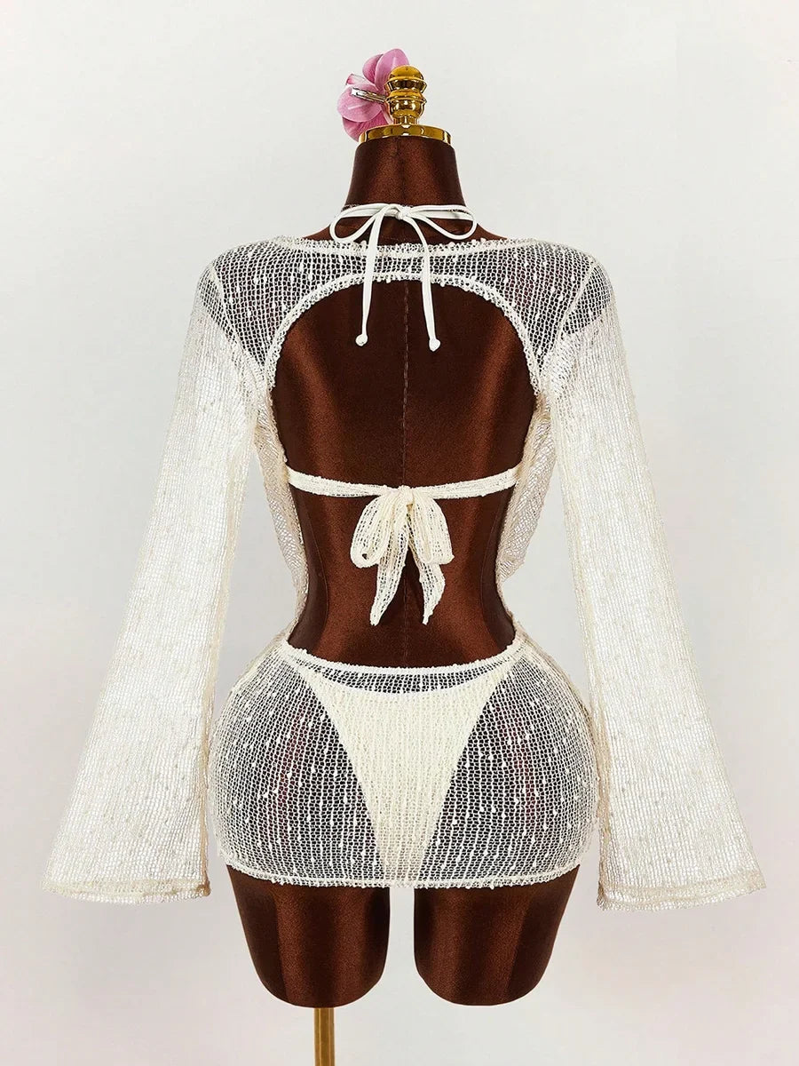 Long Sleeve Mesh Sheer Cover Up Halter Bikini