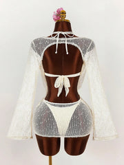 Long Sleeve Mesh Sheer Cover Up Halter Bikini