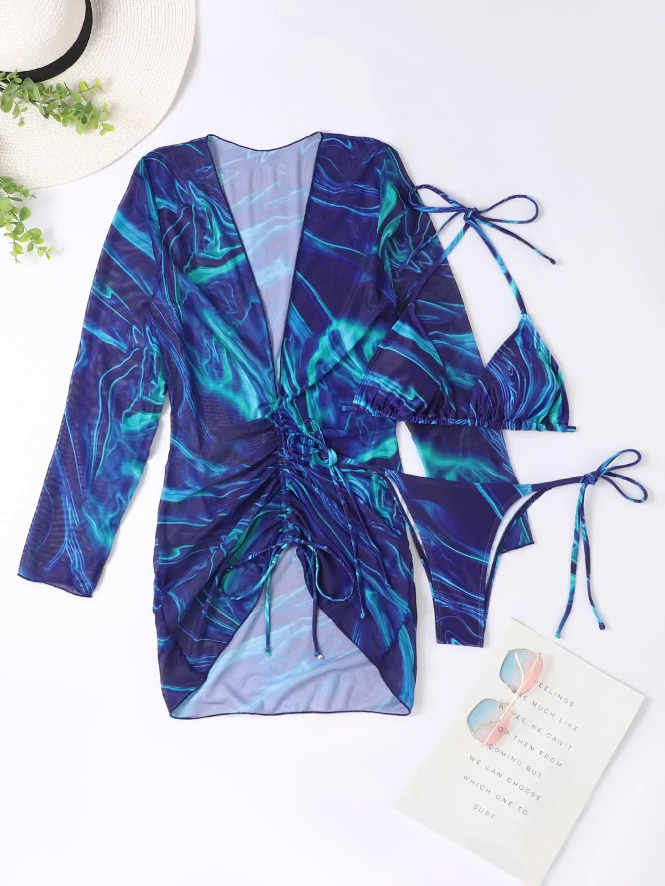 Sexy Blue Tie Dye Gradient 3 Piece Bikini Set