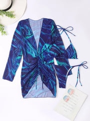 Sexy Blue Tie Dye Gradient 3 Piece Bikini Set