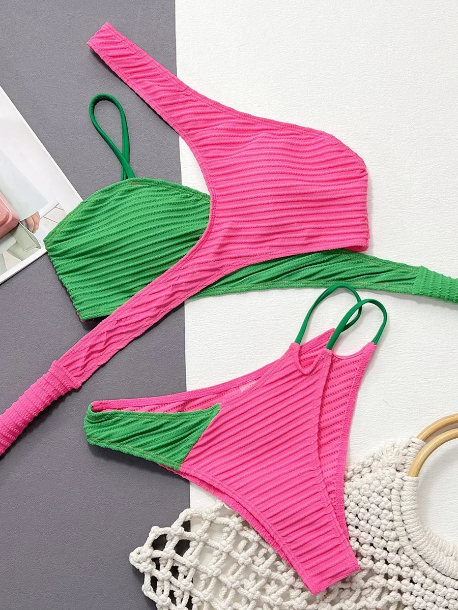 Asymmetric Splicing Ribbed Bikini