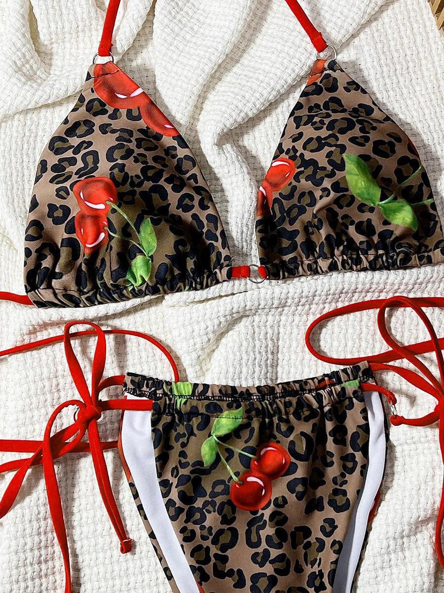 Leopard Cherry Print Halter High Cut Bikini