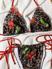 Leopard Cherry Print Halter High Cut Bikini