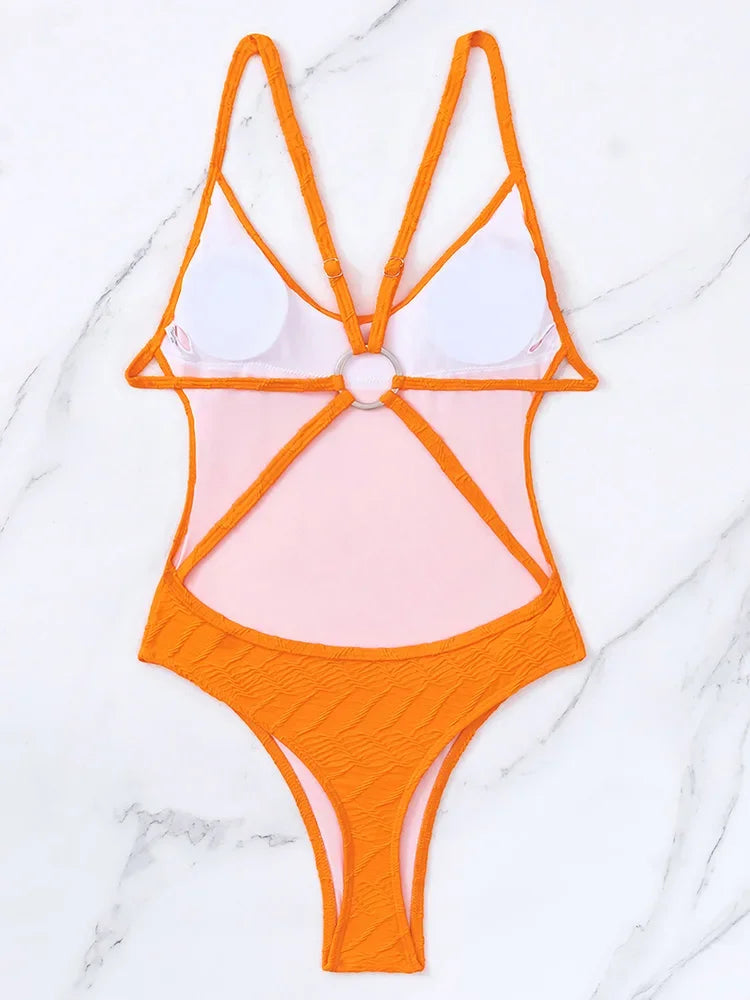 Wrinkled Criss Cross Backless Female Swimsuits