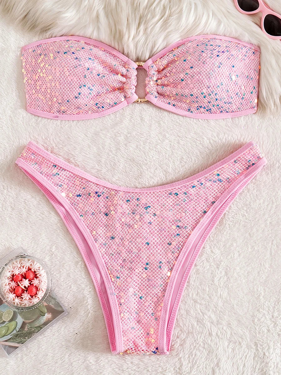 Sequins Shiny Mesh Bandeau Bikini