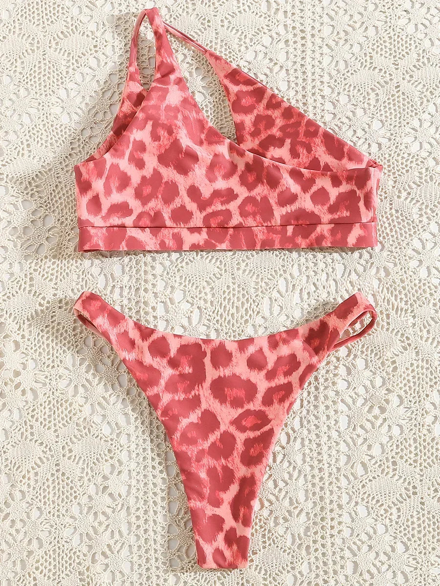 Asymmetric Leoaprd One shoulder Bikini