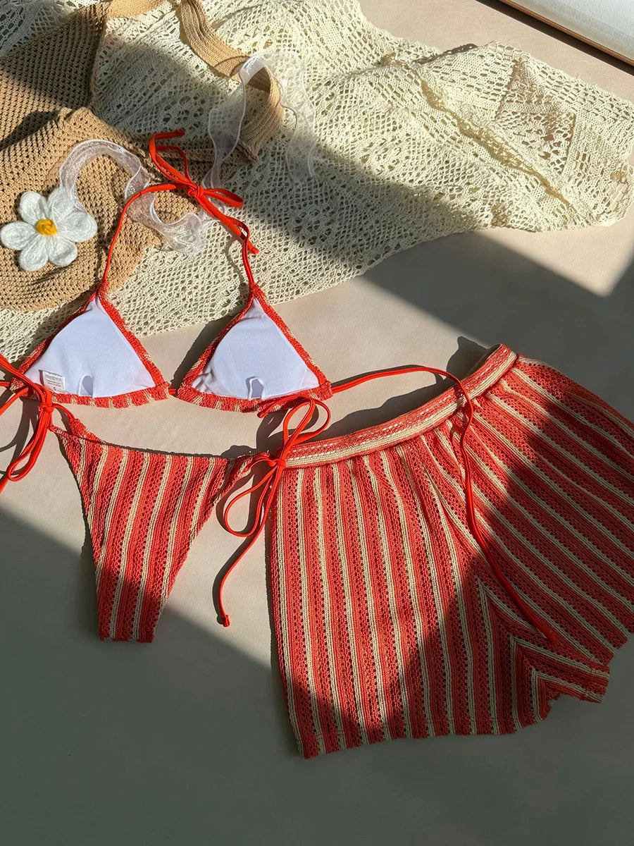 3PCS With Shorts Stripe Halter Fishnet Bikini