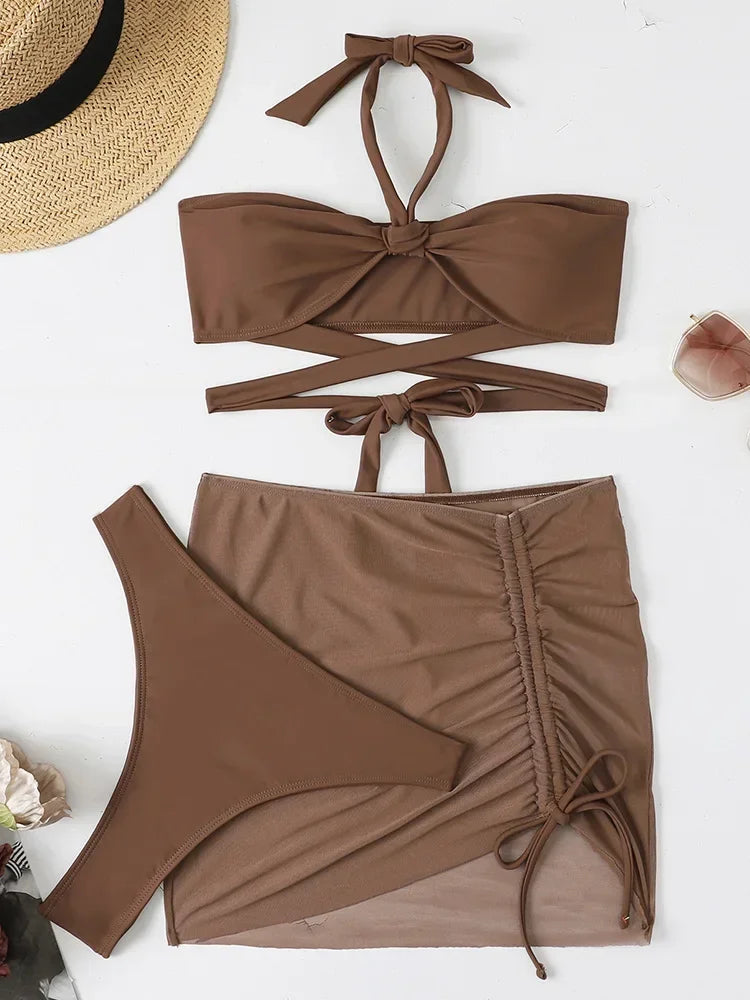 3 PCS Mesh Skirt Halter Wrap Around Bikini