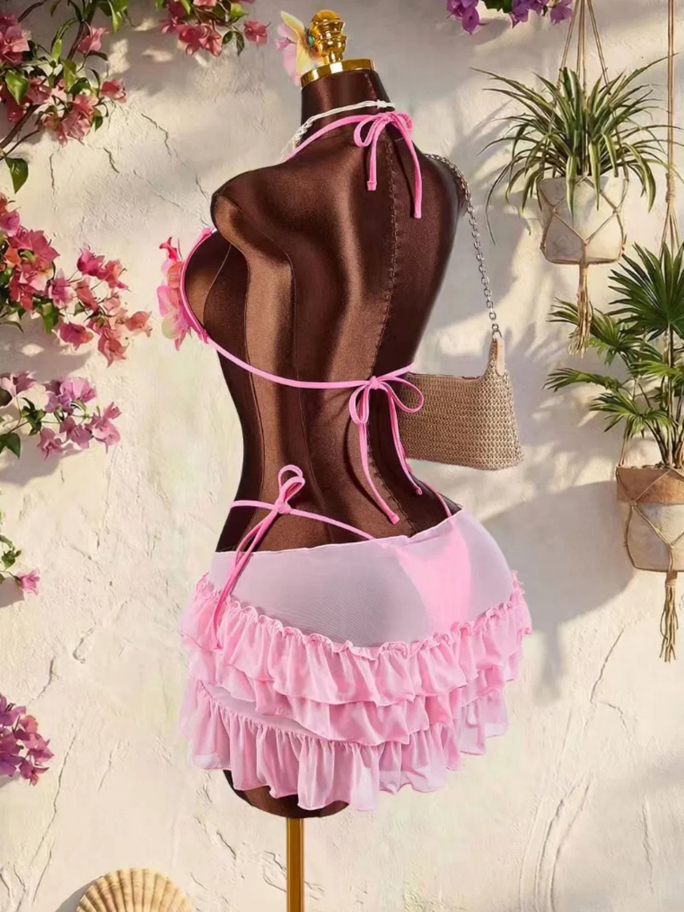 Sexy Pink 3D Floral Bikini Set