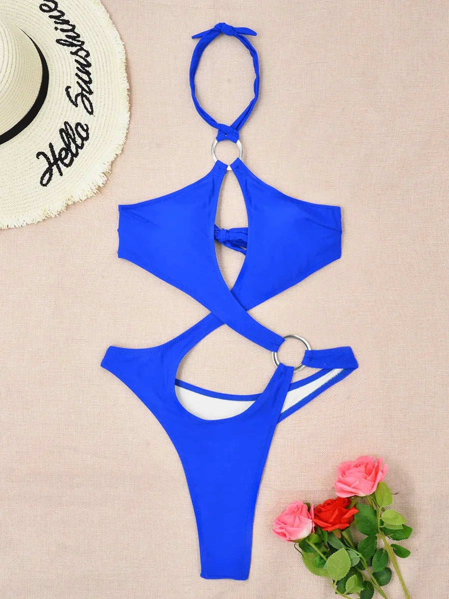 Sexy Tummy Cut Out Halter Women Thong Swimwear One Piece Swimsuit