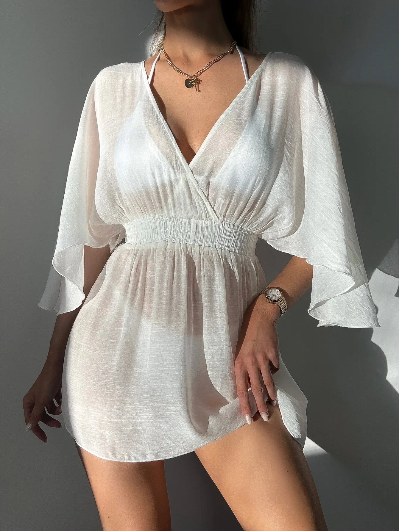 Women Sheer Mesh Cover Up Solid Black White Short Sleeve Beach Cover-Up Swimsuits