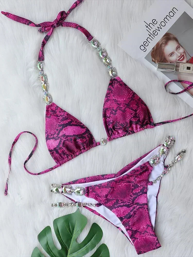 Snake Printed Halter Rhinestone Diamond Bikini