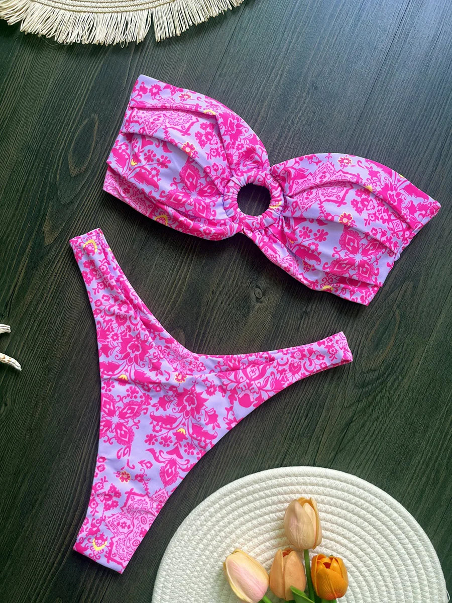Floral Printed Wrinkled Bandeau Bikini