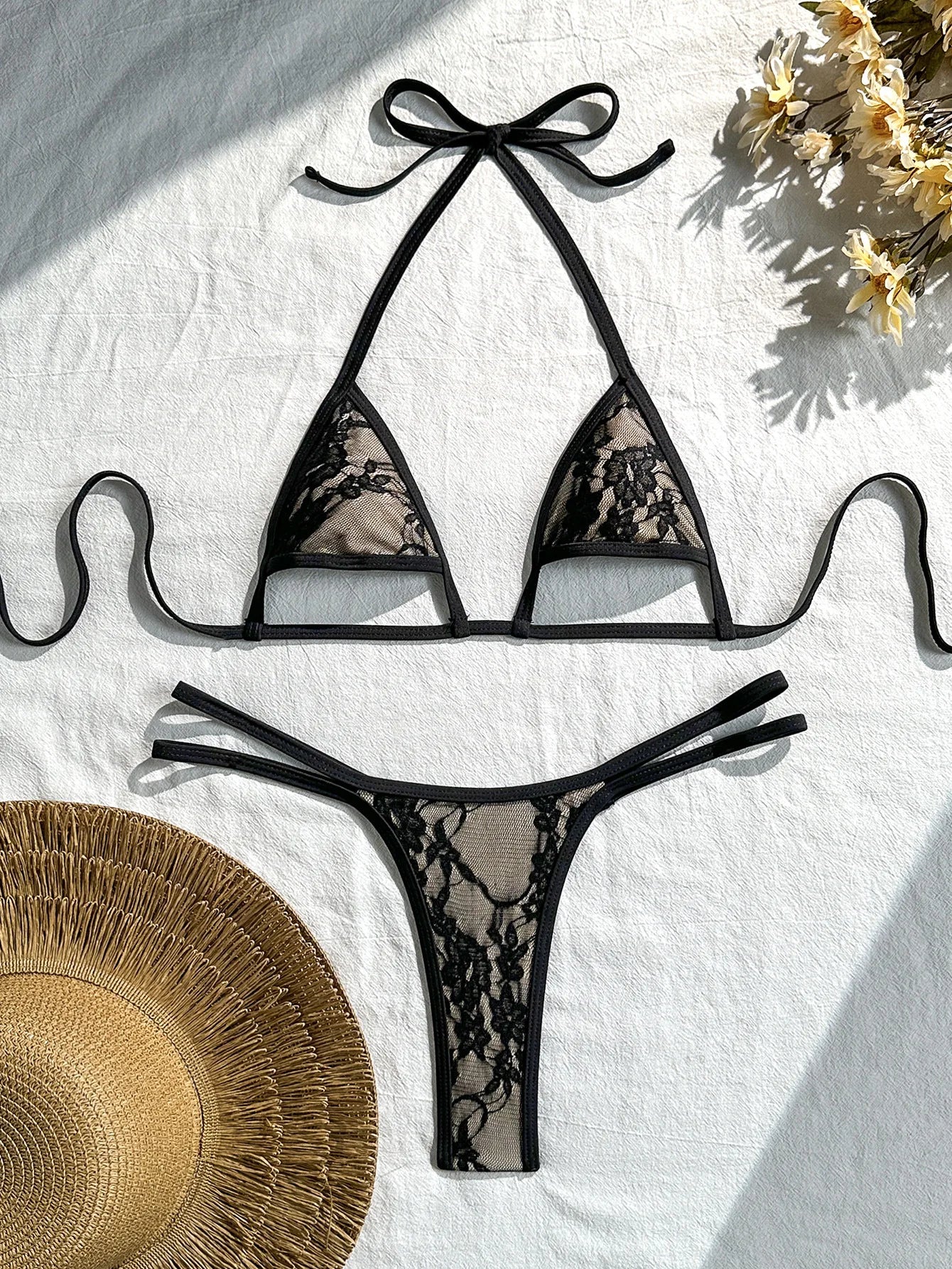 Sexy Black White Lace Bikini Set