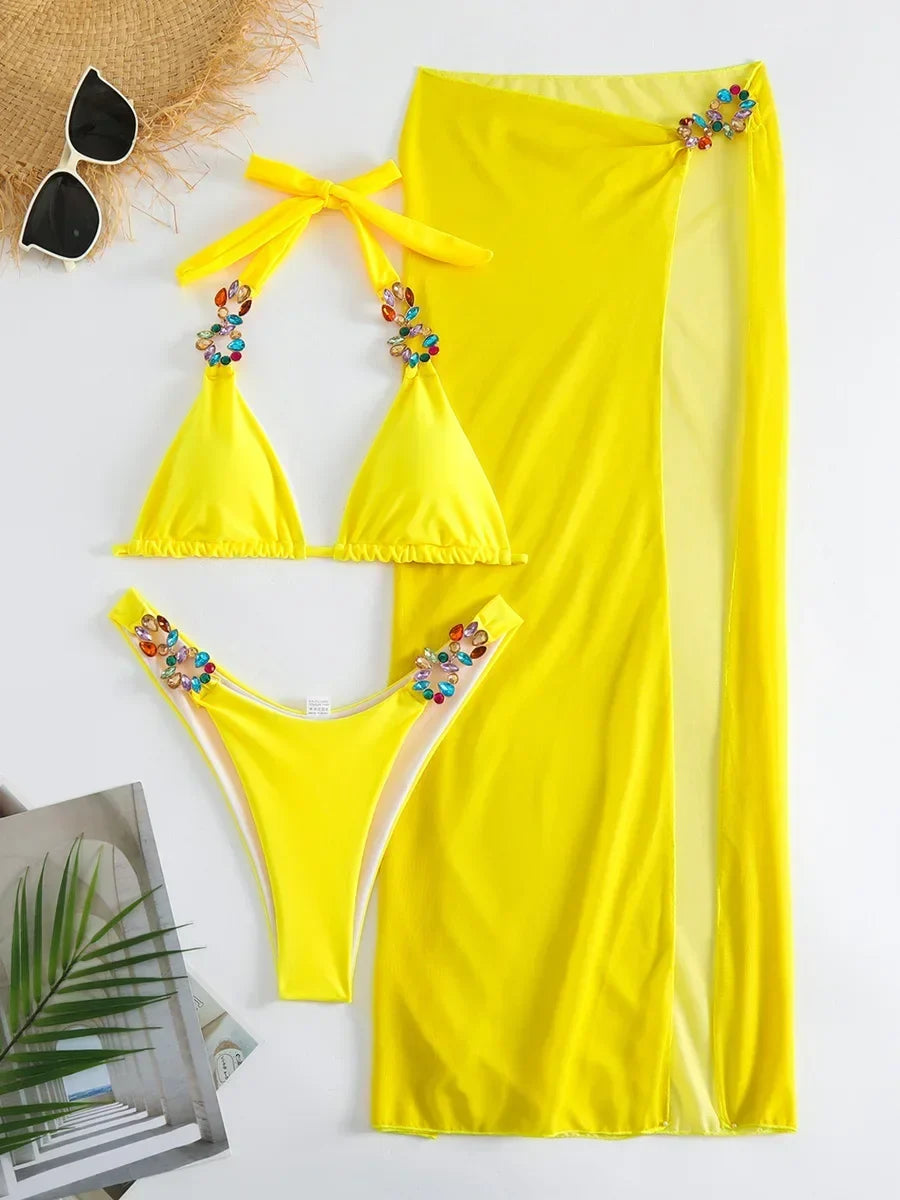 Mesh Skirt Halter Jewelled Diamond Bikini