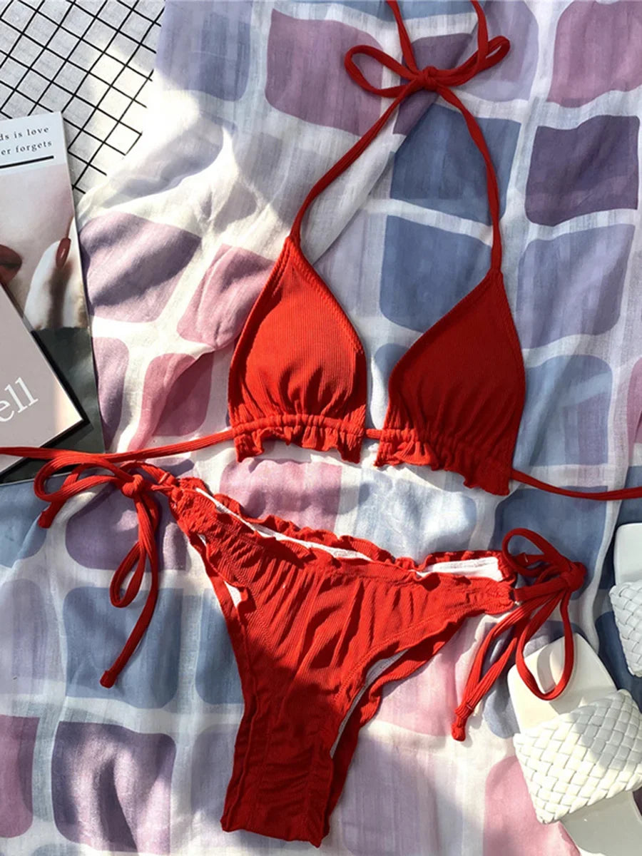 Halter String Ruffled Frilled Bikini