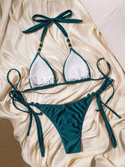 Sexy Coffee Gold Beaded String Bikini Set