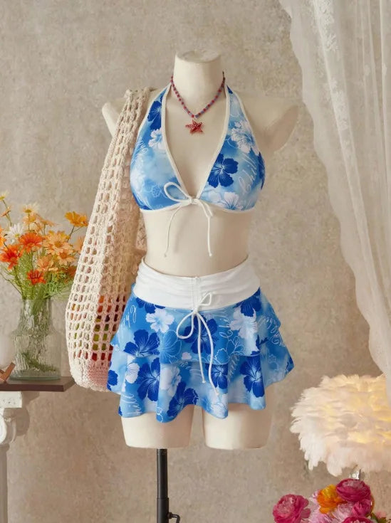 Vintage Pink Floral Print Contrast Bikini Set