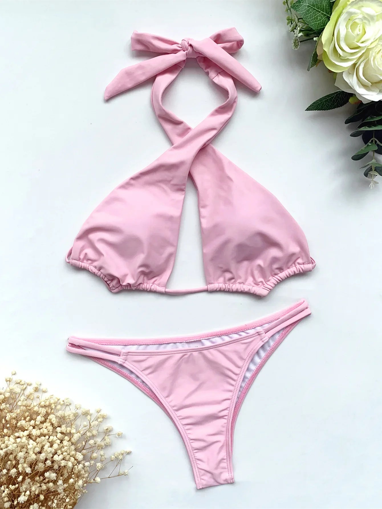 Solid Pink Balck Cut Out  High Neck Push Up Swimsuit