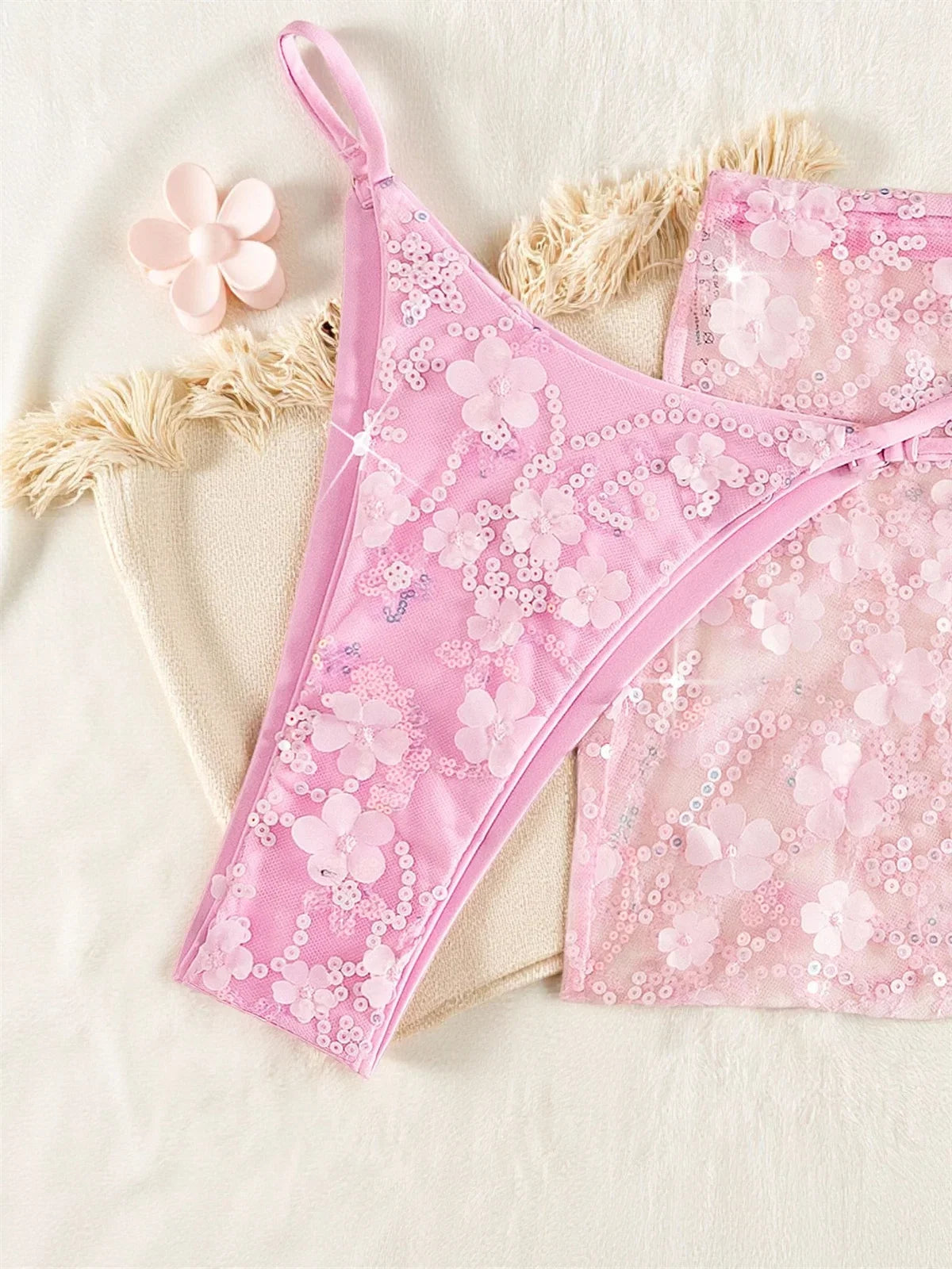Shiny Sequin Pink Mesh Skirt 3 Piece Bikini Set
