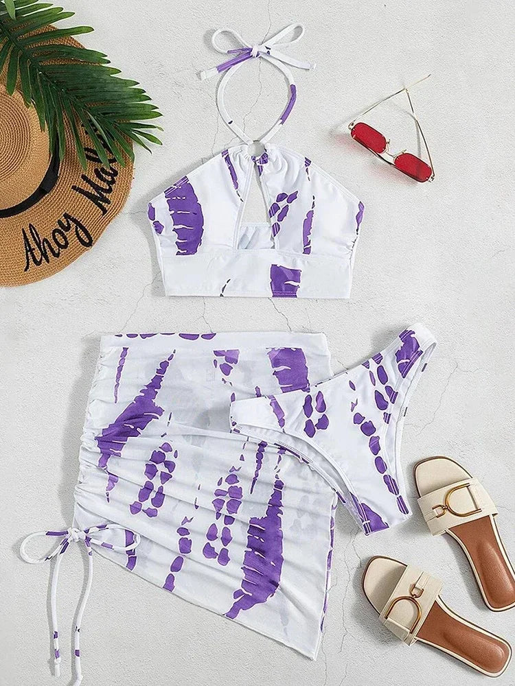3PCS With Mesh Skirt Halter Bikini