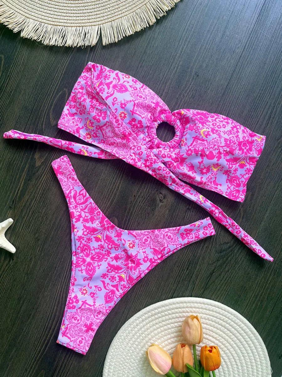 Floral Printed Wrinkled Bandeau Bikini